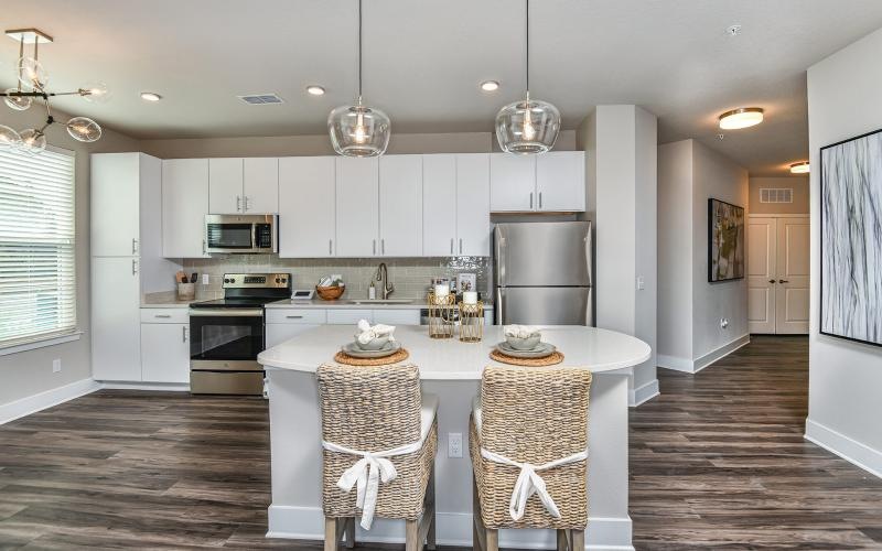 a kitchen with a large island